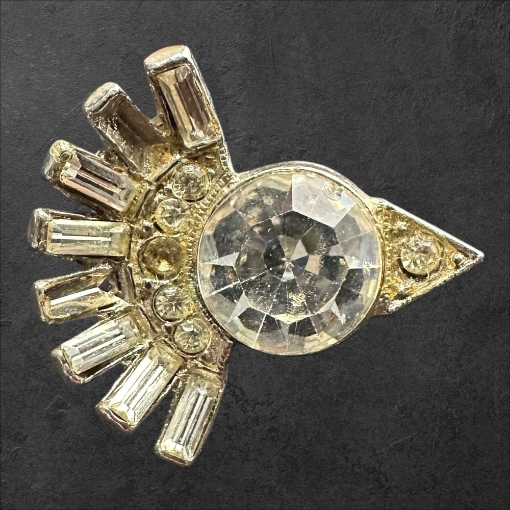 Unmarked Brooch Silver Tone Art Deco Rhinestone Sunburst Fan‎